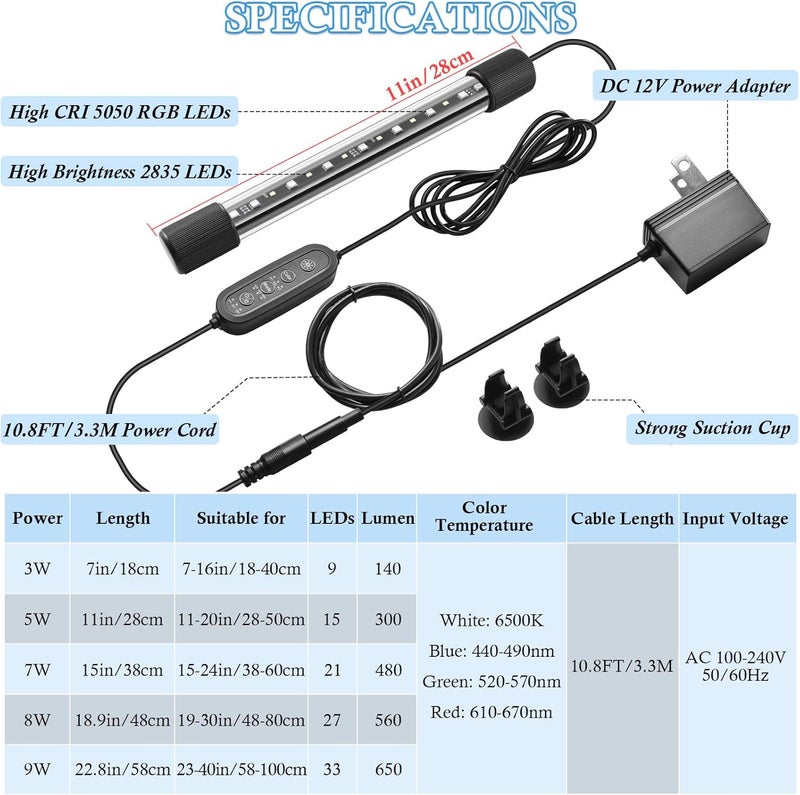 FEDOUR 11in Submersible Aquarium LED Light, 24/7 Aquarium Lights with Full Spectrum RGBW LEDs, IP68 Waterproof Fish Tank Light with Dimming, Timming and Color Adjustable - Image 2